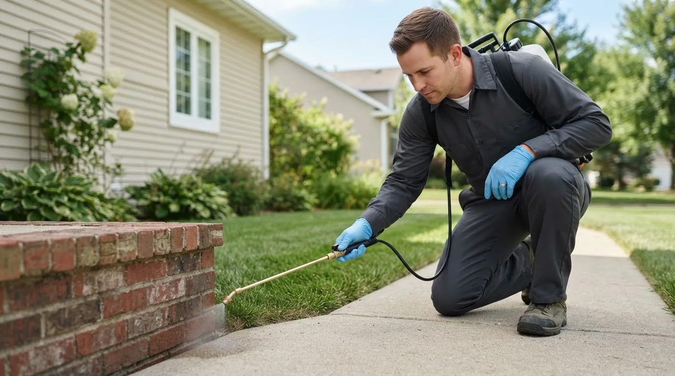 Pest control technician treating a home near Norwood, VA